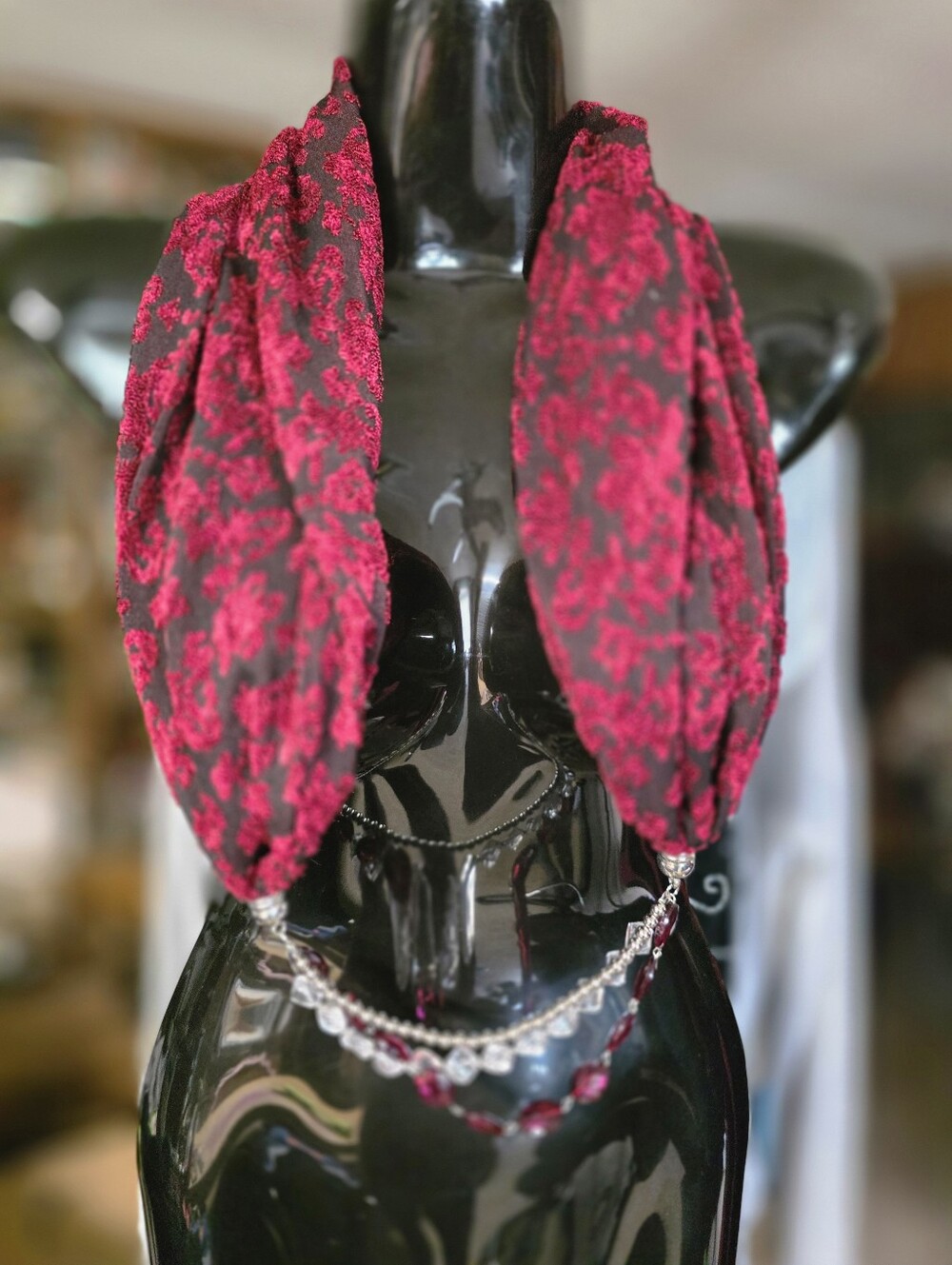 Black W Deep Red Pattern Scarf Beaded Accent Necklace